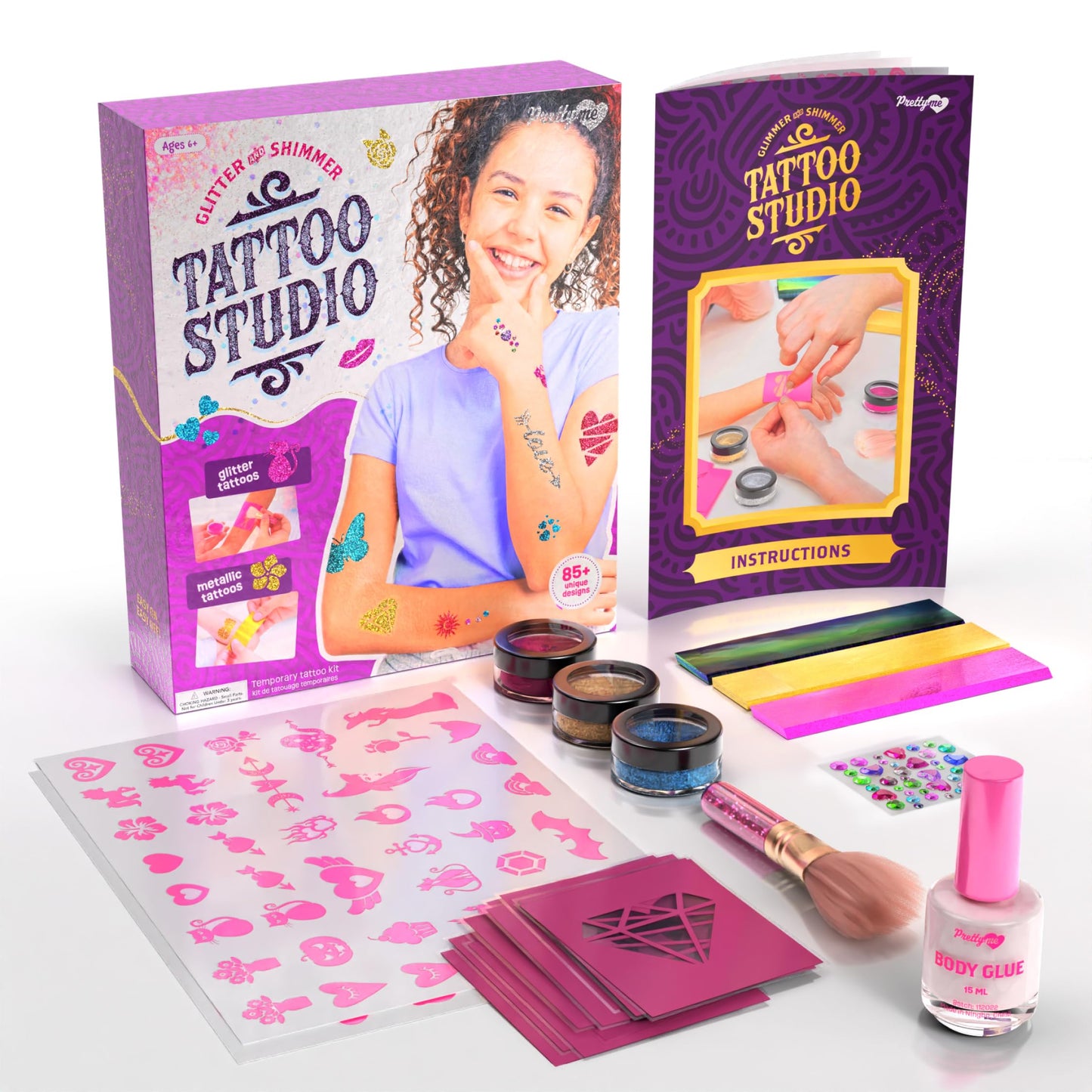 Pretty Me Glitter Tattoo Kit for Kids - Glitter & Metallic Fake Tattoos for Girls - Birthday Gift Ideas for Girl - Temporary Tattoo Set - Craft Kits Toys for Ages 6 7 8 9 10 11 Year Old - Cool Gifts