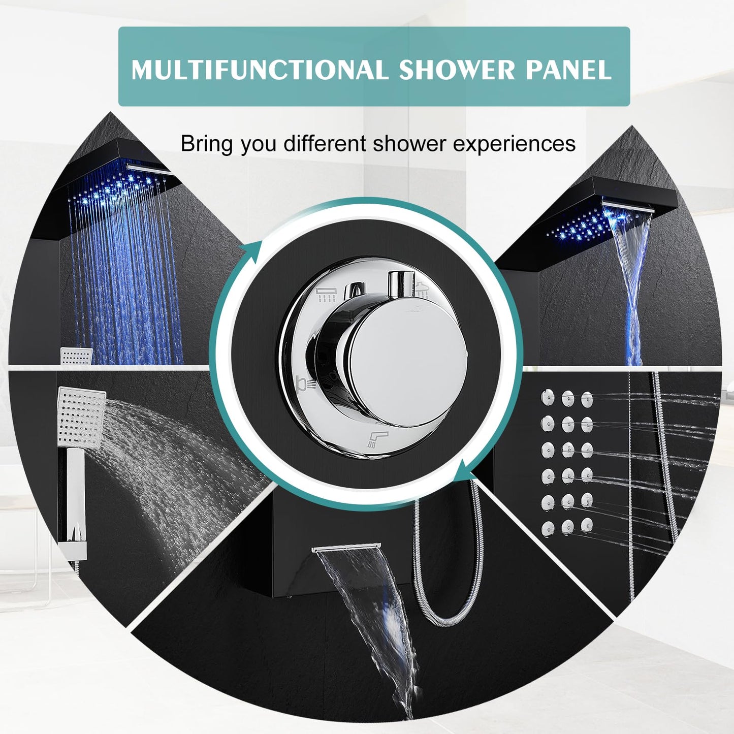 KINKIB LED Shower Panel Tower System Black with Rainfall Waterfall Shower Head, 5-in-1 Shower Tower with Powerful Body Jets, Handheld Shower and Tub Spout, High Pressure Shower Column Stainless Steel