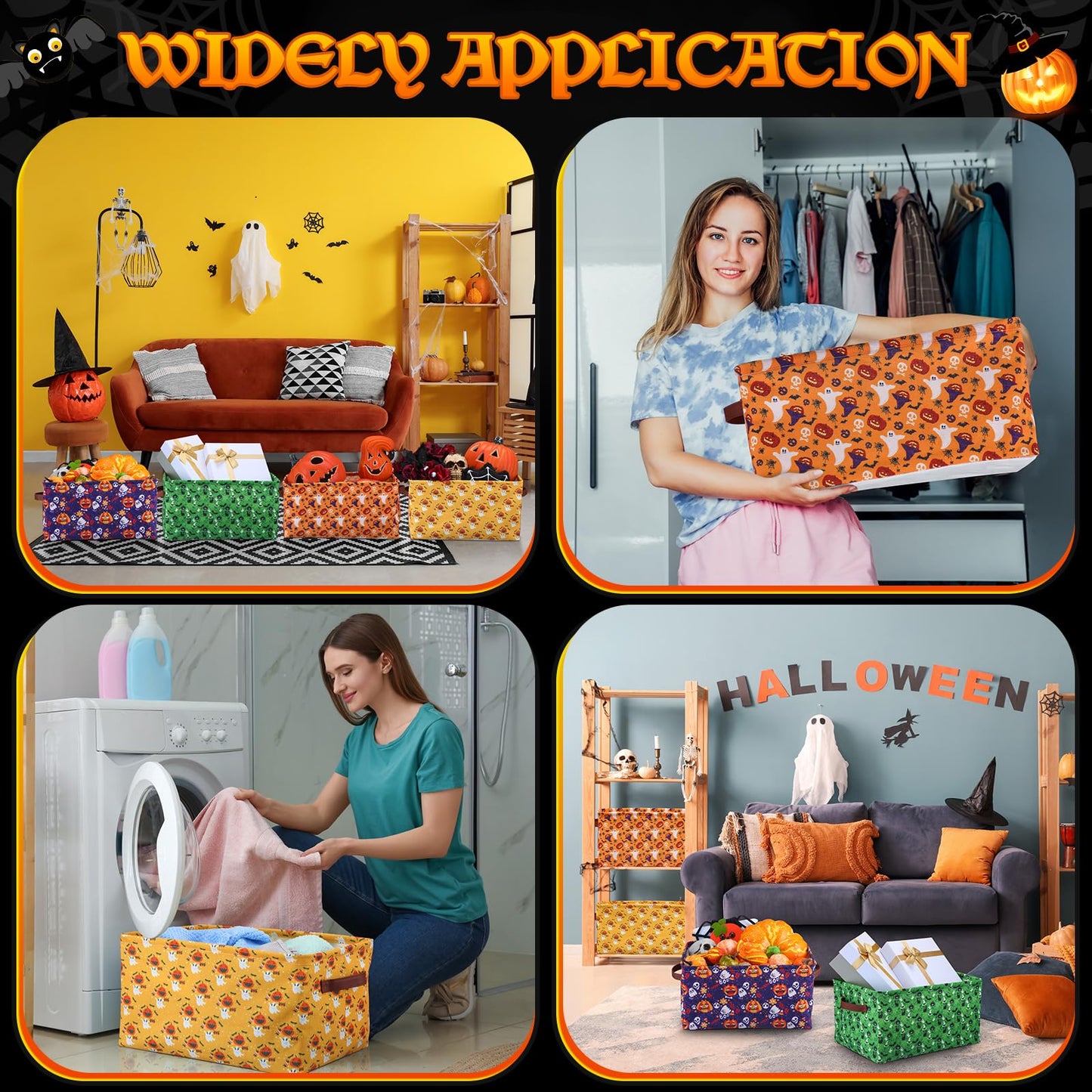 Boao 4 Pack Halloween Storage Baskets for Gifts Empty Collapsible Laundry Storage Bins with Handles Foldable Boxes for Home Bedroom Office Holiday Toy Clothes Containers