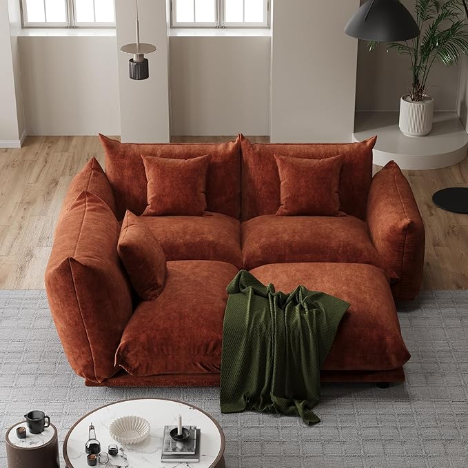 Modern Minimalist Chenille Modular Sectional Sofa, Deep-Seat 3-Seater L-Shaped Couch with Movable Ottoman and Thick Cushions, Upholstered Sofa for Living Room, Bedroom, Office, Apartment Orange L Sofa