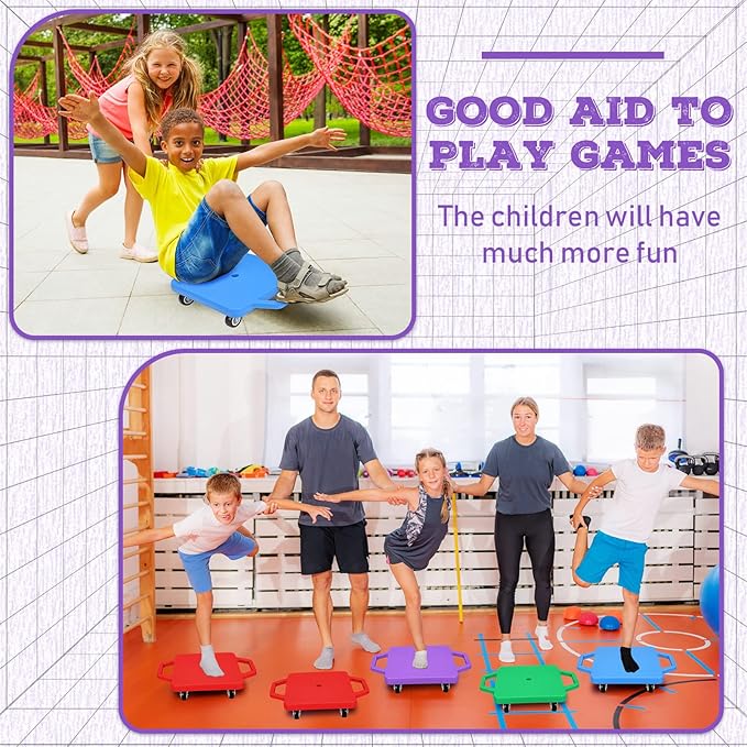 Jerify 8 Pieces Sports Scooter Board Sitting Scooter Board for Kids Plastic Floor with Non-Marring Plastic Casters, Physical Education for Home School Play Equipment
