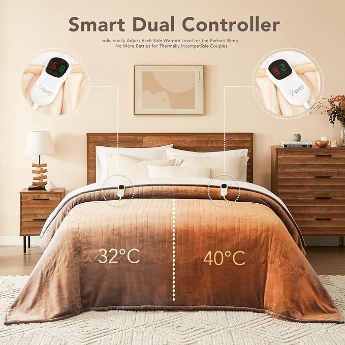 Homemate Electric Heated Blanket Twin - 62"x84" Heating Bed Blankets Throw with 10 Heating Levels 8 Hours Auto Off Fast Heating Over-Heated Protection Ultra Soft Warm Flannel ETL Certified Beige