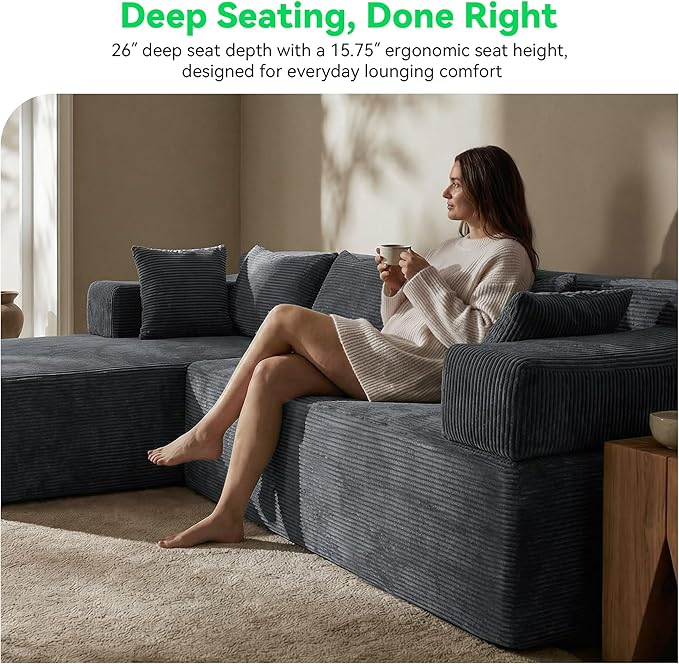 MONVANE 141'' Modular Sectional Sofa, PRO Version U-Shape Boneless Couch, Oversized Deep Seating Cloud Couch, No Assembly, High-Resilience Foam, Soft Corduroy Fabric, for Living Room Apartments Grey | High-Resilience Foam