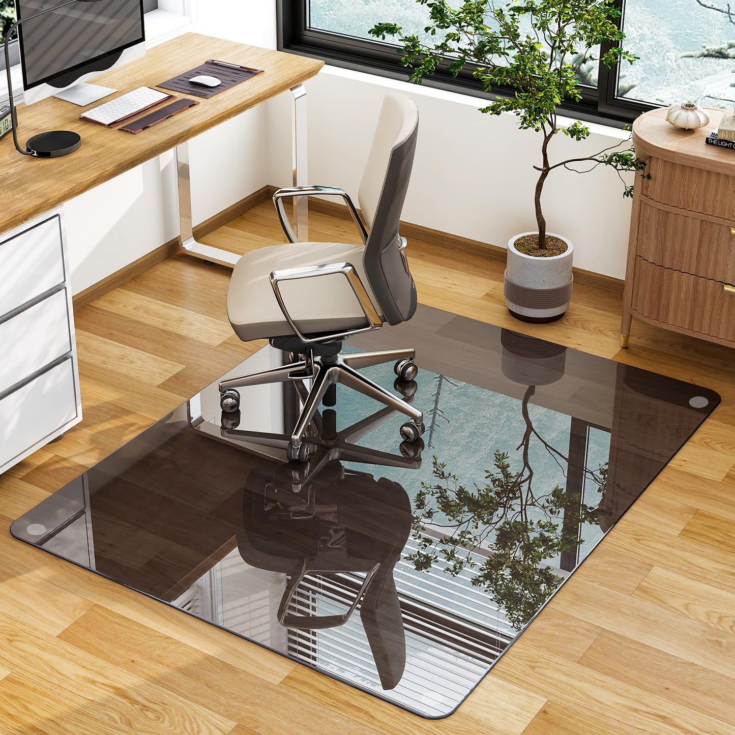 GLSLAND 46" × 55" [Tempered Glass] Chair Mat – Durable Office Chair Mat on Carpet with 0.2" Thickness, 4 Non‑Slip Pads, Sleek & Sturdy Matte Gray Finish, Smooth Glide & Easy Clean, Blue & Grey