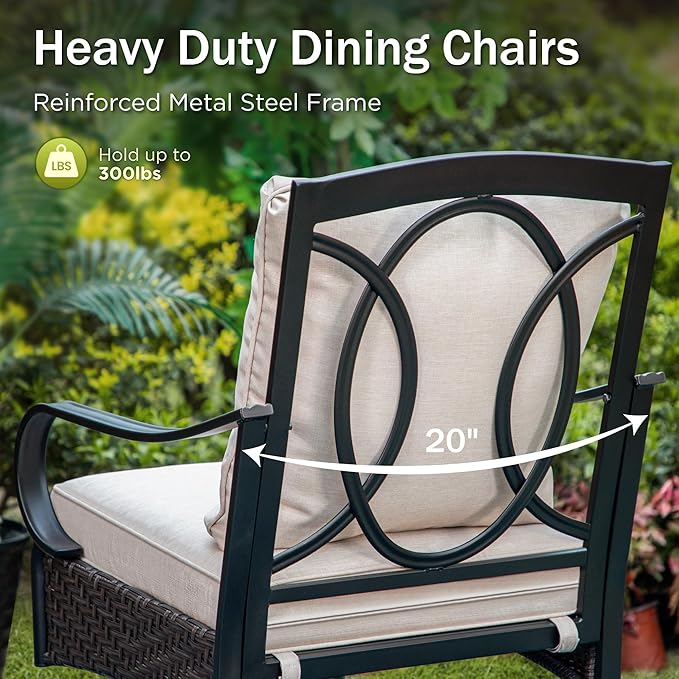 PHI VILLA Heavy Duty Outdoor Dining Set, 7-Piece Round Patio Table Set, 52" Round Dining Table with Umbrella Hole & 6 Outdoor Swivel Rocking Chairs with Thick Cushions