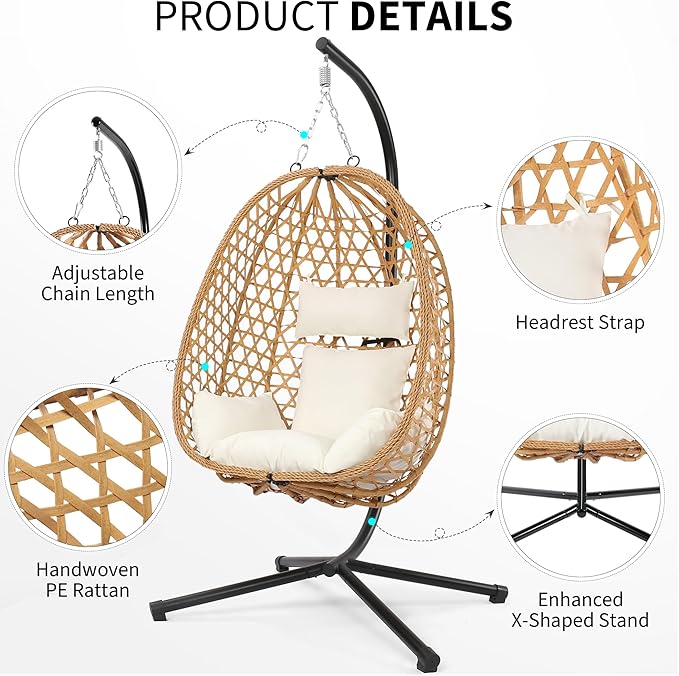 LEX CRAFT Egg Chair with Stand, Patio Wicker Hanging Chair, Hammock Swing Chair, 350LBS Capacity for Bedroom, Balcony, Garden (YE-BE)