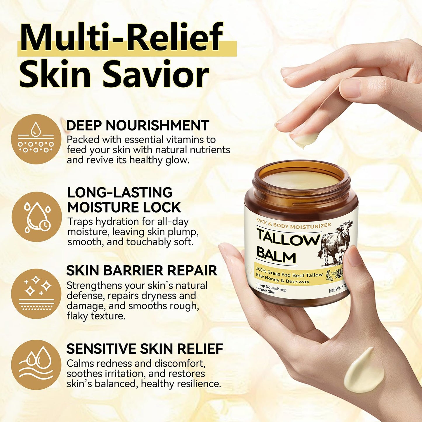 Beef Tallow for Skin, Organic Tallow and Honey Balm for Face, Natural Face Moisturizer, Grass Fed Beef Tallow Skin Care Cream Bo