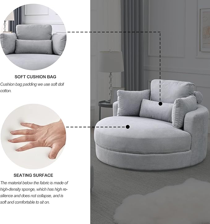 Yoglad Modern Swivel Accent Round Chair, Barrel Sofa with Storage Ottoman, Oversize Lounge Chair, Linen Fabric Round Chair with Pillows, for Living Room, Office (Light Grey, 51")