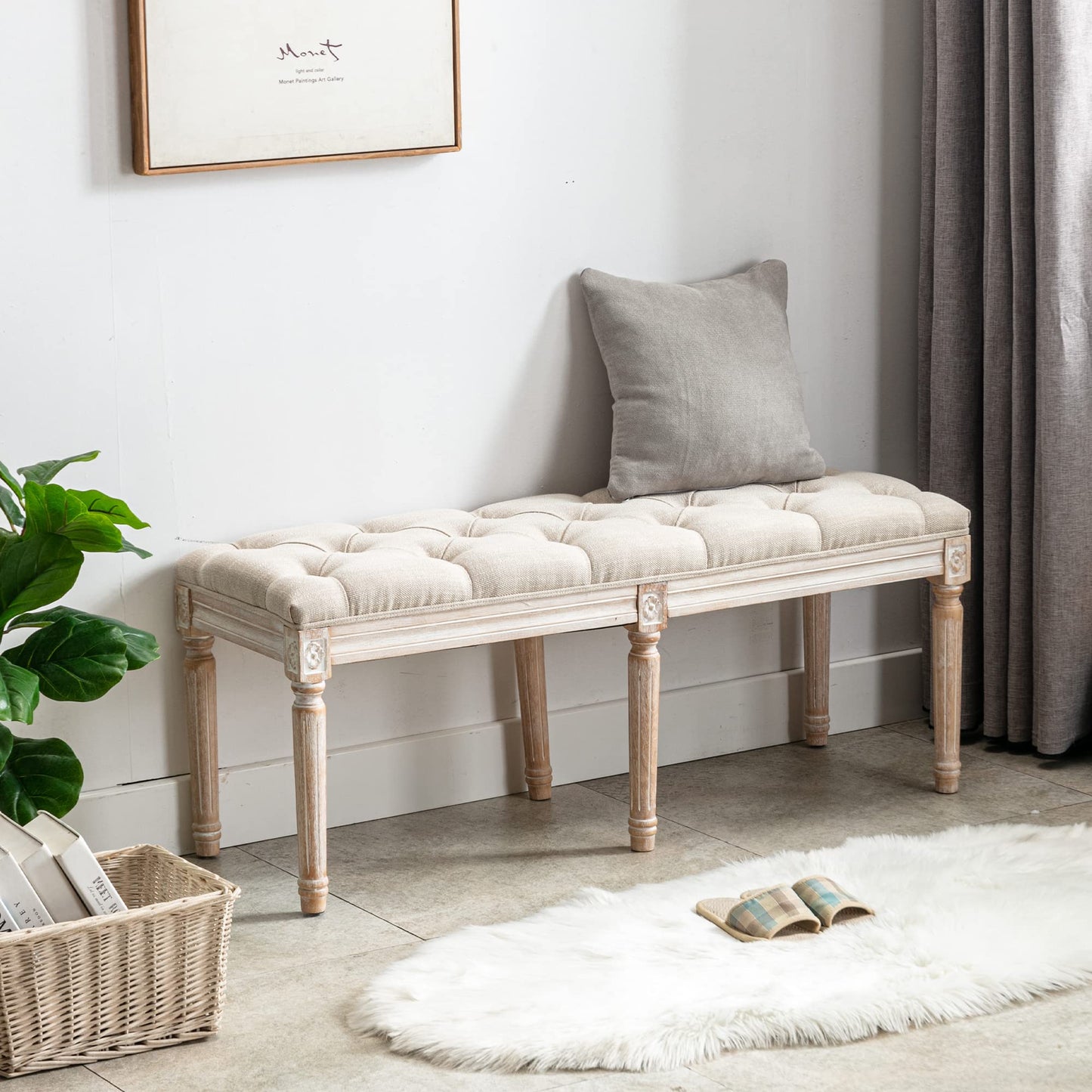 DM Furniture Tufted Dining Bench French Vintage Fabric Upholstered Wood Dining Room Bench Rustic Entryway Bench Bedroom End Bed Bench, Beige 48" Long