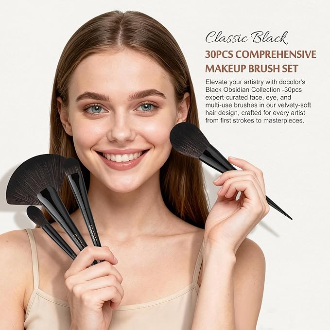 Docolor Makeup Brushes Set Professional 30Pcs Obsidian Makeup Brushes Premium Synthetic Powder Kabuki Foundation Contour Blush Concealer Eye Shadow Blending Eyeliner Crease Eyebrow Make Up Brush Kit