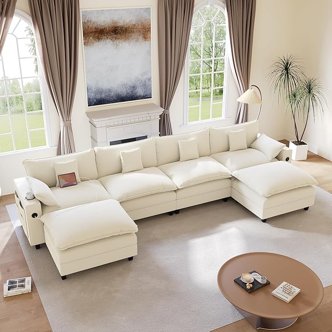 KCGKCG 152" Modular Sectional Sofa, U Shaped Cloud Couch with Movable Ottoman, Chenille Deep Seat Cloud Sofa with Charging Station, Cup Holder, Side Pocket, Sectional Couches for Living Room, Beige