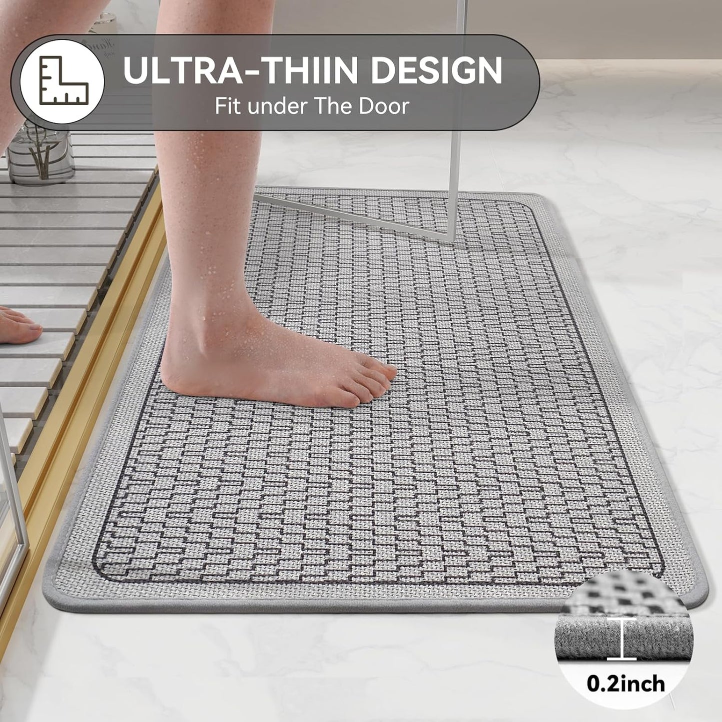 Bathroom Rugs, Ultra Thin Bath Mat Fit Under Door Super Absorbent Non Slip Quick Dry Bath Mat, Rubber Backing Shower Mat Outside Shower