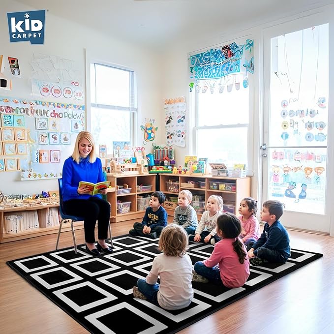 KIDCARPET.COM Black and White Squares Classroom Seating Rug 7'6" x 12' Rectangle, Educational Classroom Rug, Kids Learning Play Mat | Area Rug for Bedroom or Playroom