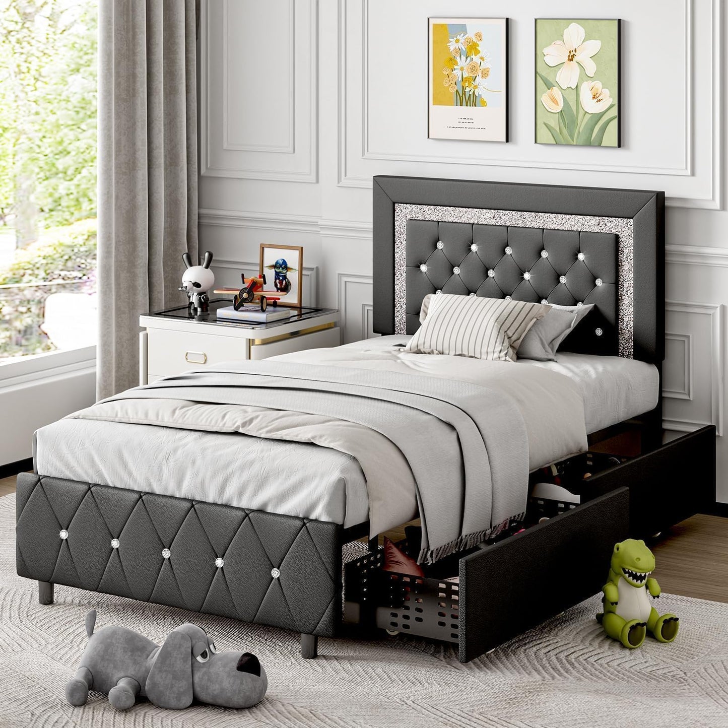 Twin Bed Frames with LED Lights and Storage Drawers, Upholstered Bed Frame with Diamond Headboard, Faux Leather Modern Platform Bed, Wooden Slats Support, No Box Spring Needed, Black