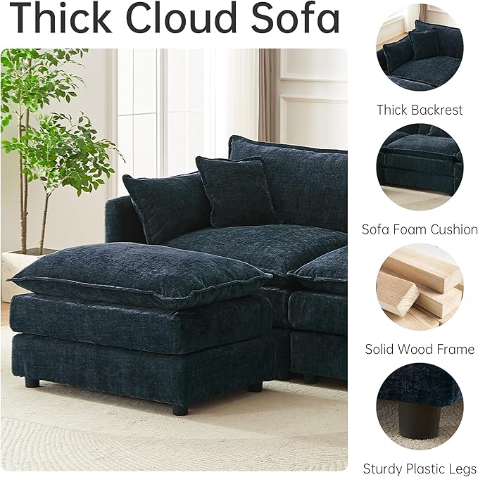 saows Modular Sectional Sofa, 112.2 Inch U Shaped Couch Set with Armrests, 3-Seater Comfy Cloud Couches with Movable Ottoman for Living Room Apartment, Blue