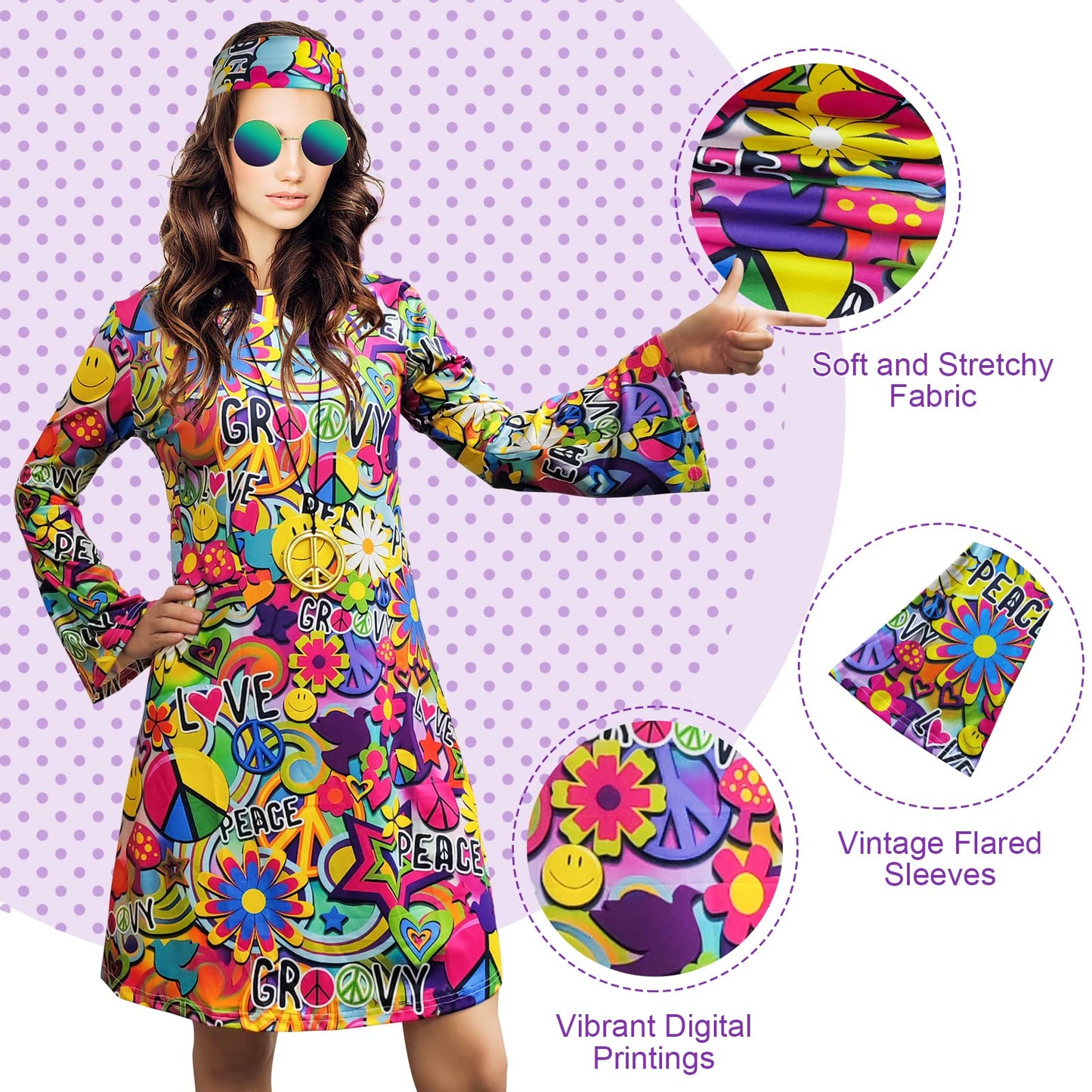 MRYUWB 70s Hippie Dress Costumes Necklace Earrings Sunglass Women Disco Outfit, 60s Party Costume, Halloween Retro Dresses (Love and Peace, XL)