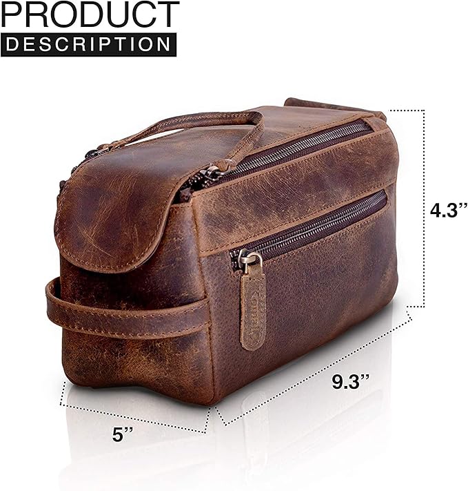 KomalC Premium Buffalo Leather Toiletry Bag for Men & Women – Leather Dopp Kit With Water resistant Lining, Premium Toiletry Travel Pouch, Unisex Wash Bag for Toiletries, Gifts for Men and Women