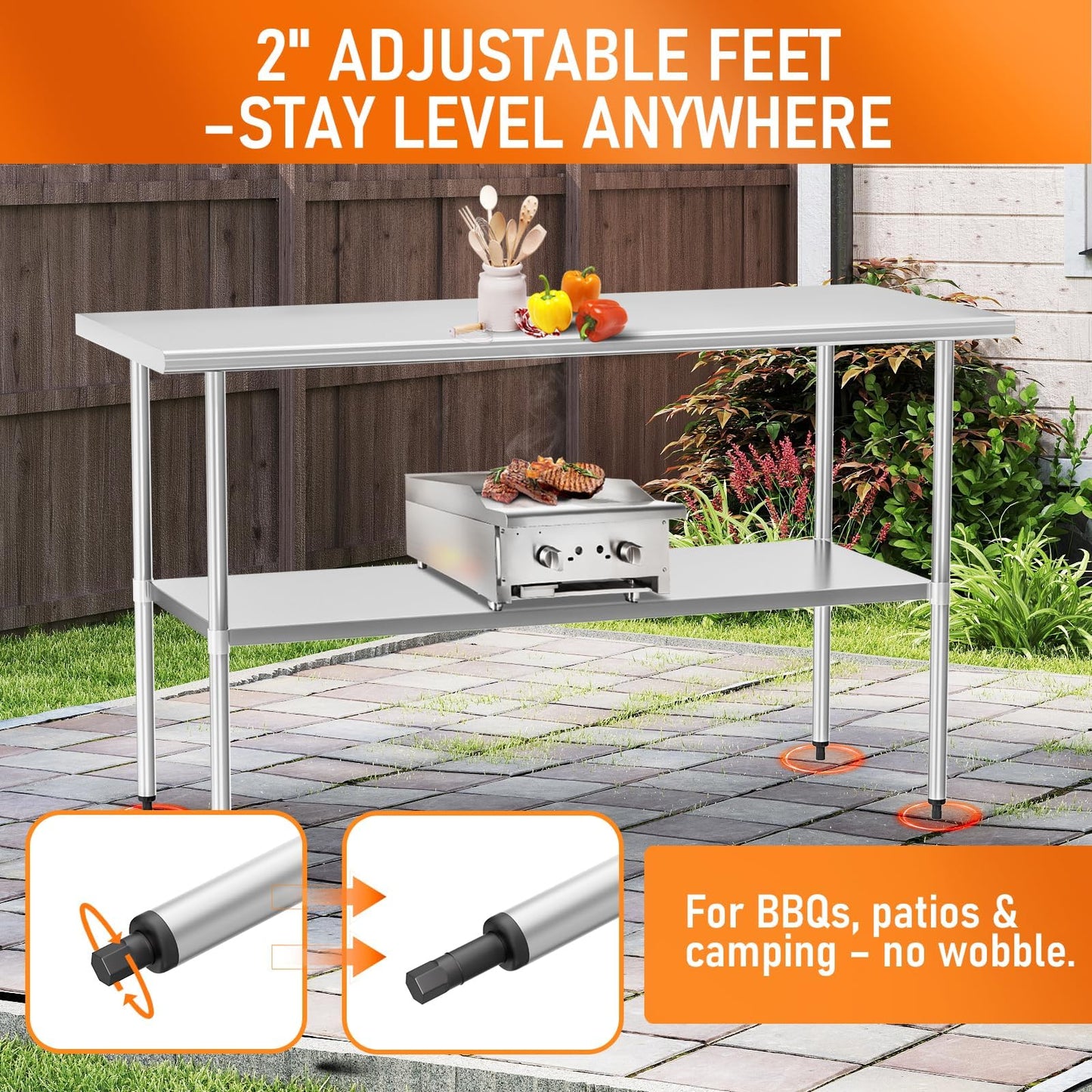 HOCCOT Stainless Steel Table for Food Prep & Work 30 x 60 inches Utility Table with Adjustable Undershelf, Commercial Workstation in Kitchen, Garage, Outdoor BBQ