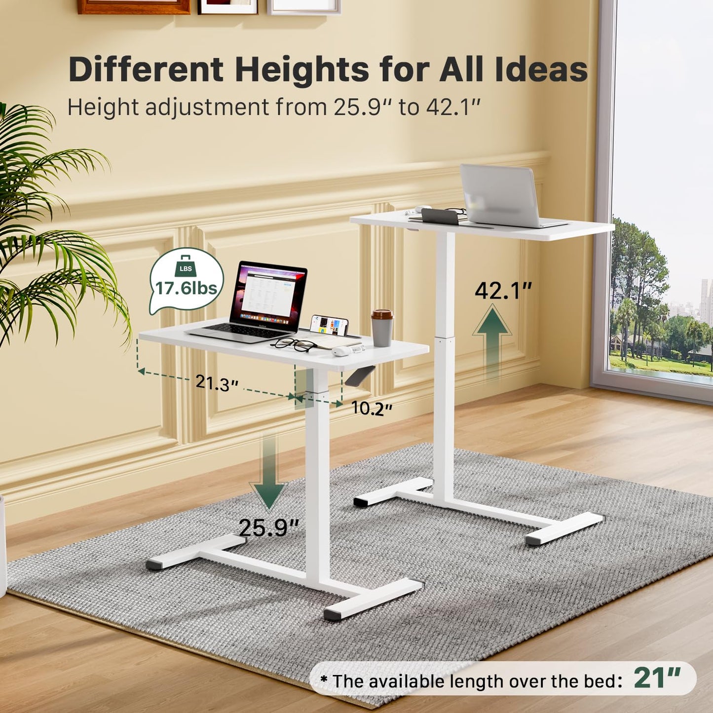 Gibbon Mounts Mobile Standing Desk, Pneumatic Adjustable Rolling Desk(31.5 Inches), Portable Laptop Desk with Wheels, Overbed Bedside Table Laptop Table for Couch, Home, Office, White