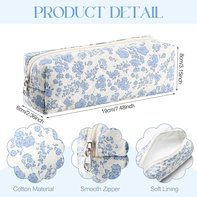 Paterr Aesthetic Floral Makeup Bag Travel Cosmetic Bag for Women Gift Christmas Portable Quilted Makeup Pouch Cotton Pencil Case Kawaii Cute Toiletry Organizer Case for Women Girls(Blue Floral)