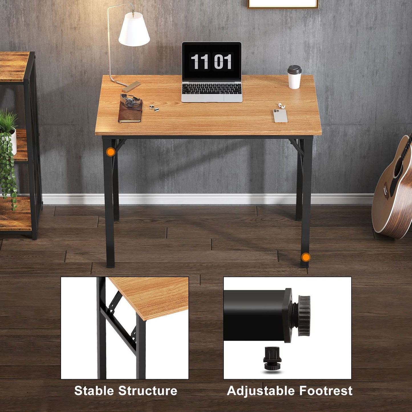 Need Folding Computer Desk - 31.5 Inch Foldable Office Writing Work Study Kids Student Teacher Home Bedroom Table for Small Space, Teak & Black