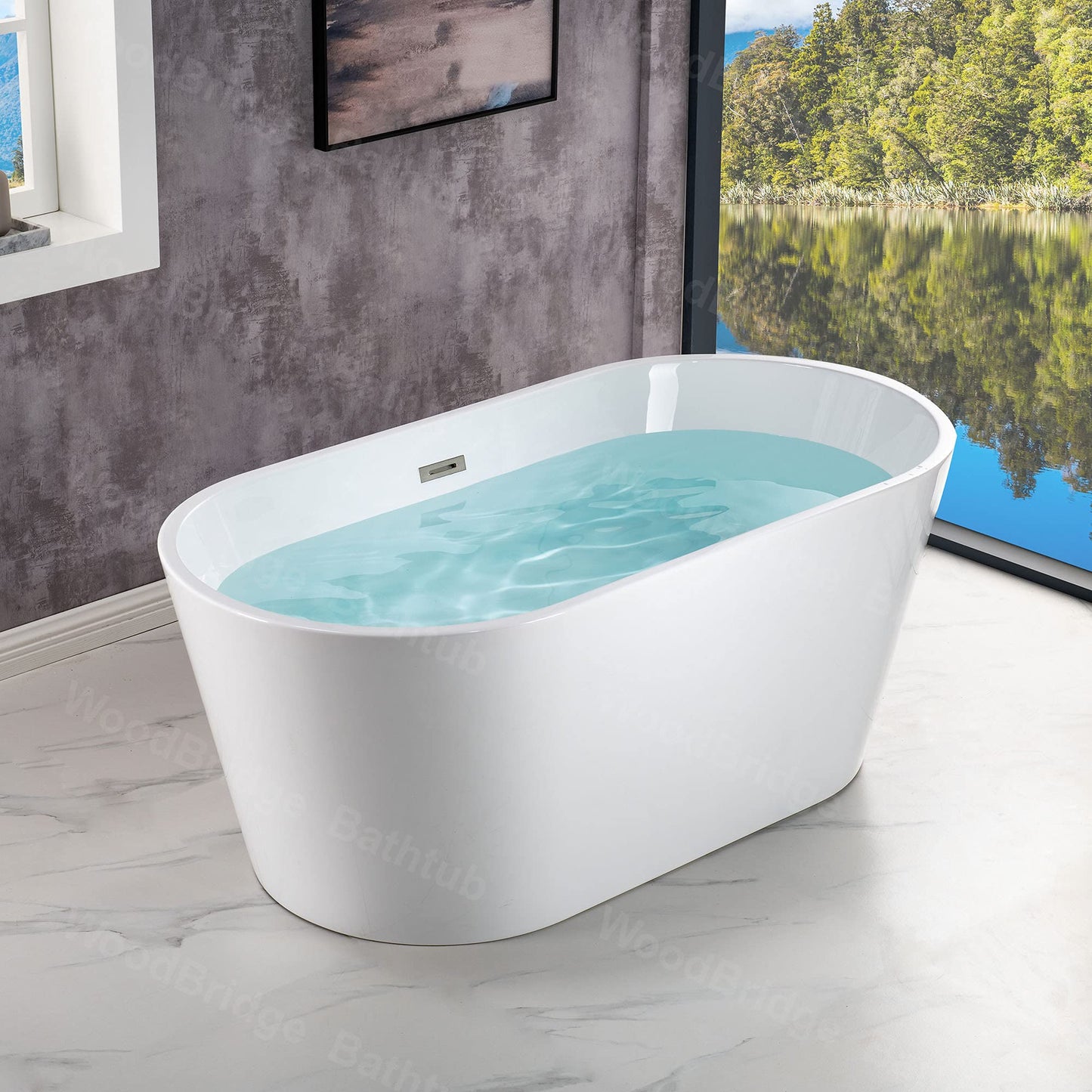 WOODBRIDGE 54" Acrylic Freestanding Bathtub Contemporary Soaking White Tub with Brushed Nickel Overflow and Drain，BTA1702-B/N