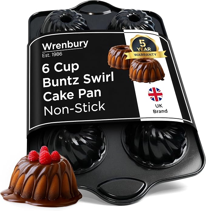 Wrenbury Swirl Buntz Pan for Baking Mini Non-Stick - 6 Cup Fluted Cake Tin for Small Cakes - PFOA Free and Dishwasher Safe - 3.75” Cup Width