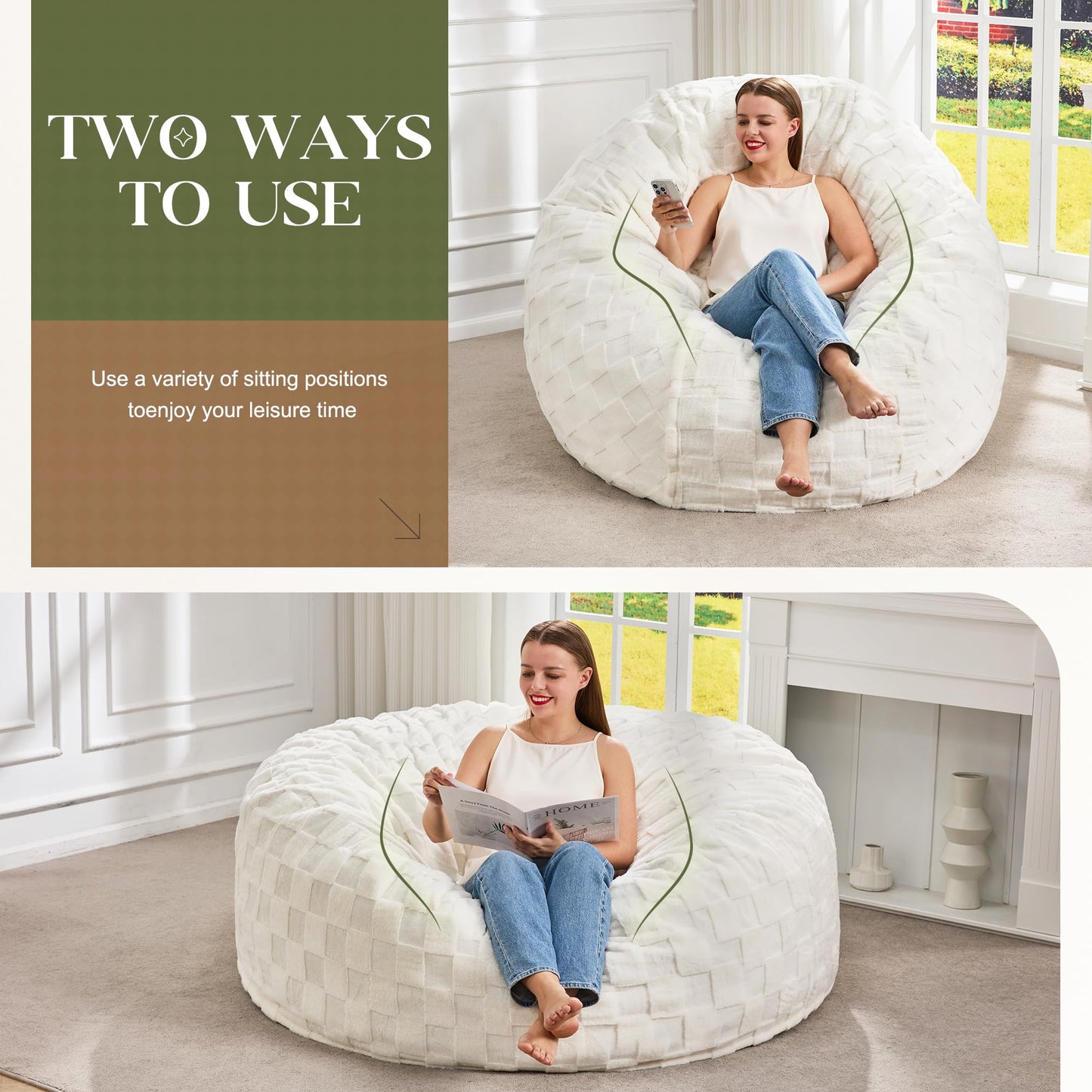 Hobestluk Bean Bag Chairs Beanbag Chair with Filler Adult Bean Bags with Fluffy Cover, Giant Bean Bag Chairs for Adults for Living Room, Bedroom (White, 5FT - 50” x 50” x 24”)