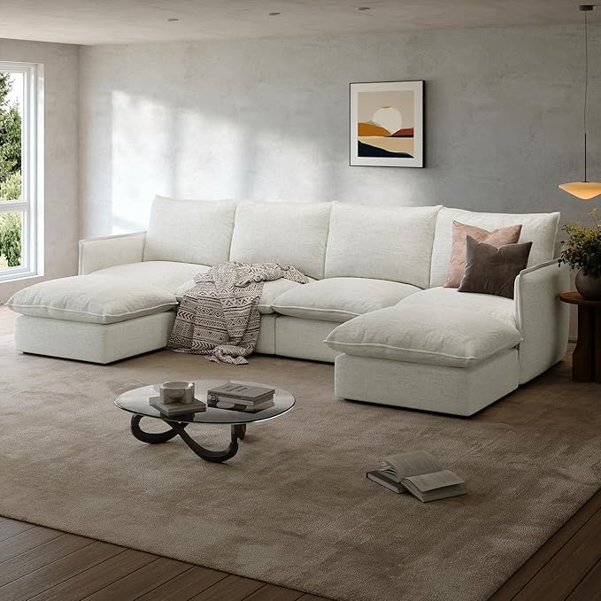 Gtilzria Waterproof Cloud Sectional Couches for Living Room,High Backrest Down Filled Couch,6 Seater Oversized Modular U-Shaped Sofas with Chaise,Detachable Sofa Covers,Cream White