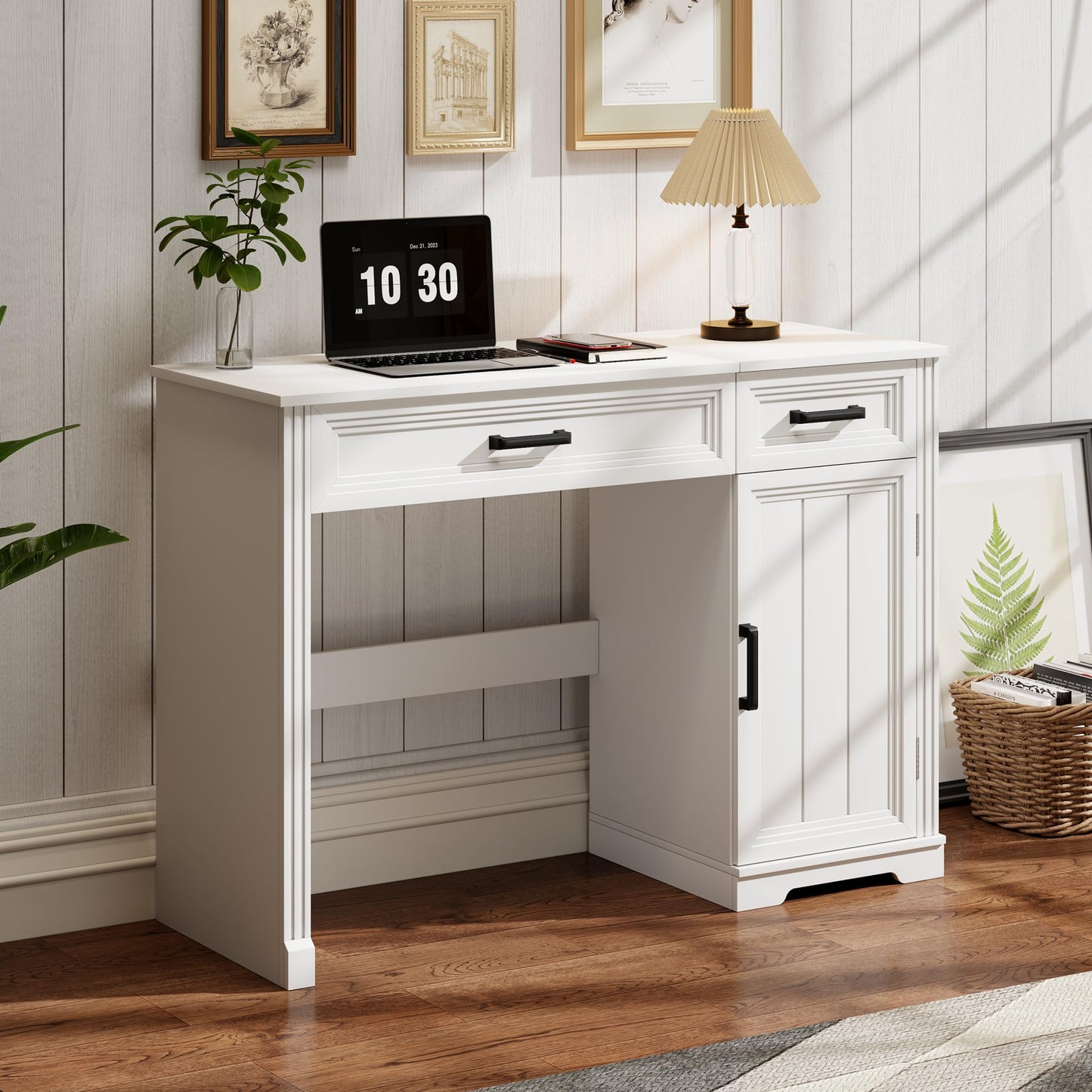 FOMNEY Farmhouse Vanity Desk with Flip Top Mirror, 43.3" W Makeup Vanity with Drawers, Storage Cabinet, Dressing Make Up Vanity Table for Bedroom, Wood Home Office Desk, Pure White