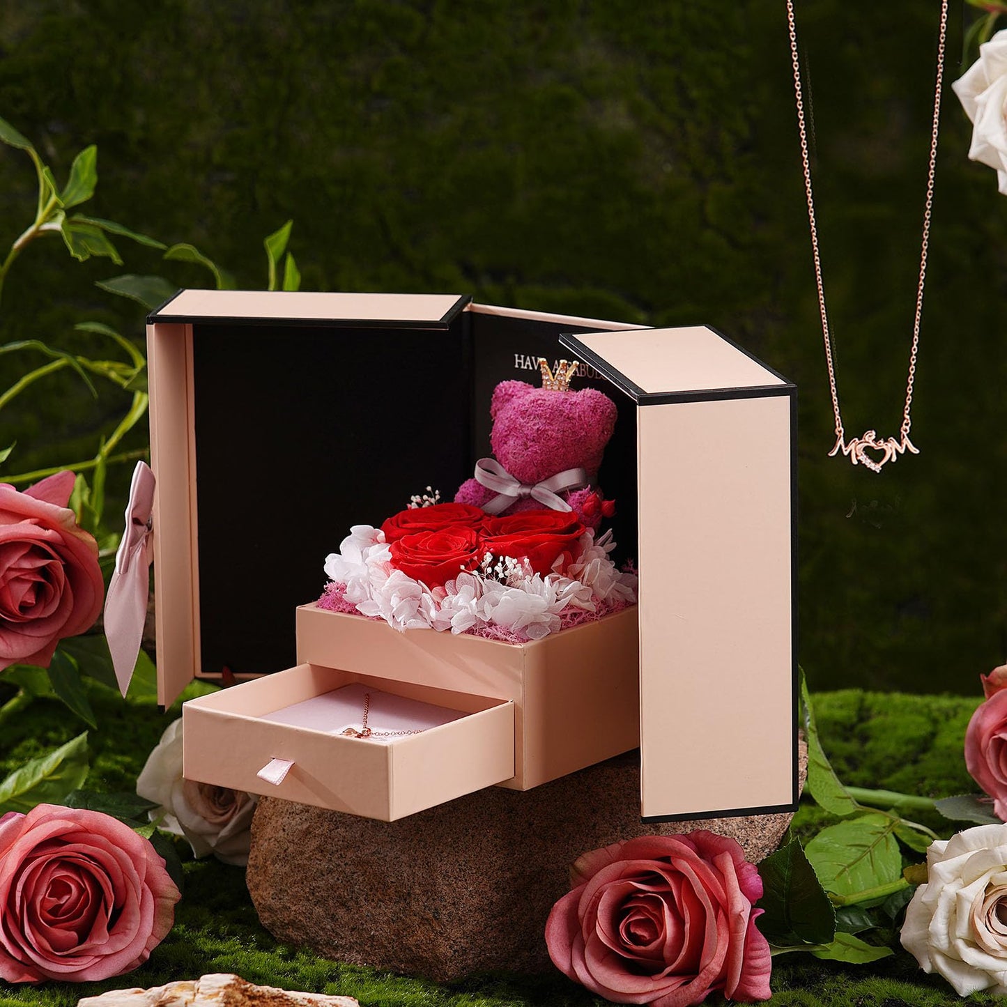 ADDWel Mom Birthday Gifts from Daughter or Son – Preserved Real Rose with Mom Necklace and Cute Moss Bear – Unique Rose Gifts for Women, Perfect for Mum, Mama, Mother on Birthday or Mother's Day