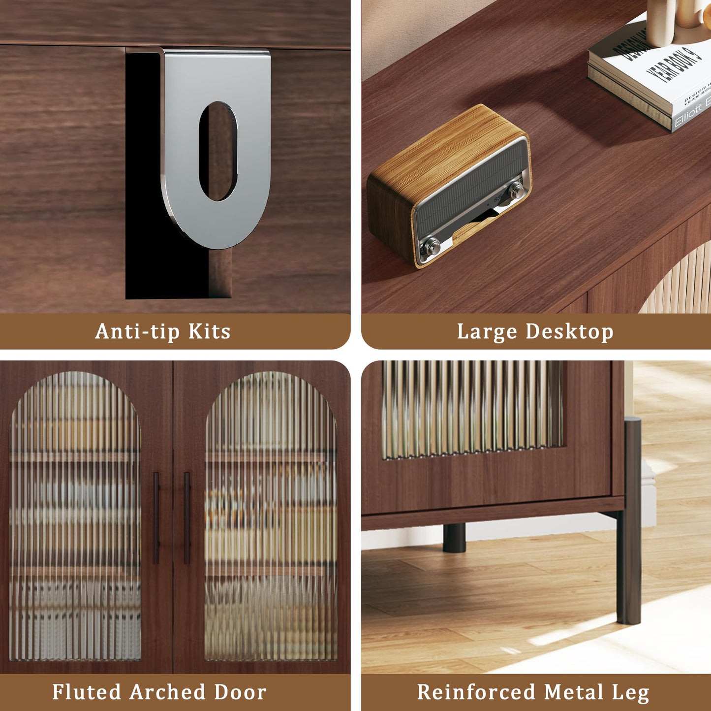 HUAHUU Sideboard Buffet Cabinet with Storage, 55" Modern Sideboard Cabinet with 4 Fluted Arcylic Doors & Adjustable Shelves, Wood Buffet Console Table for Living Room, Kitchen, Dark Walnut
