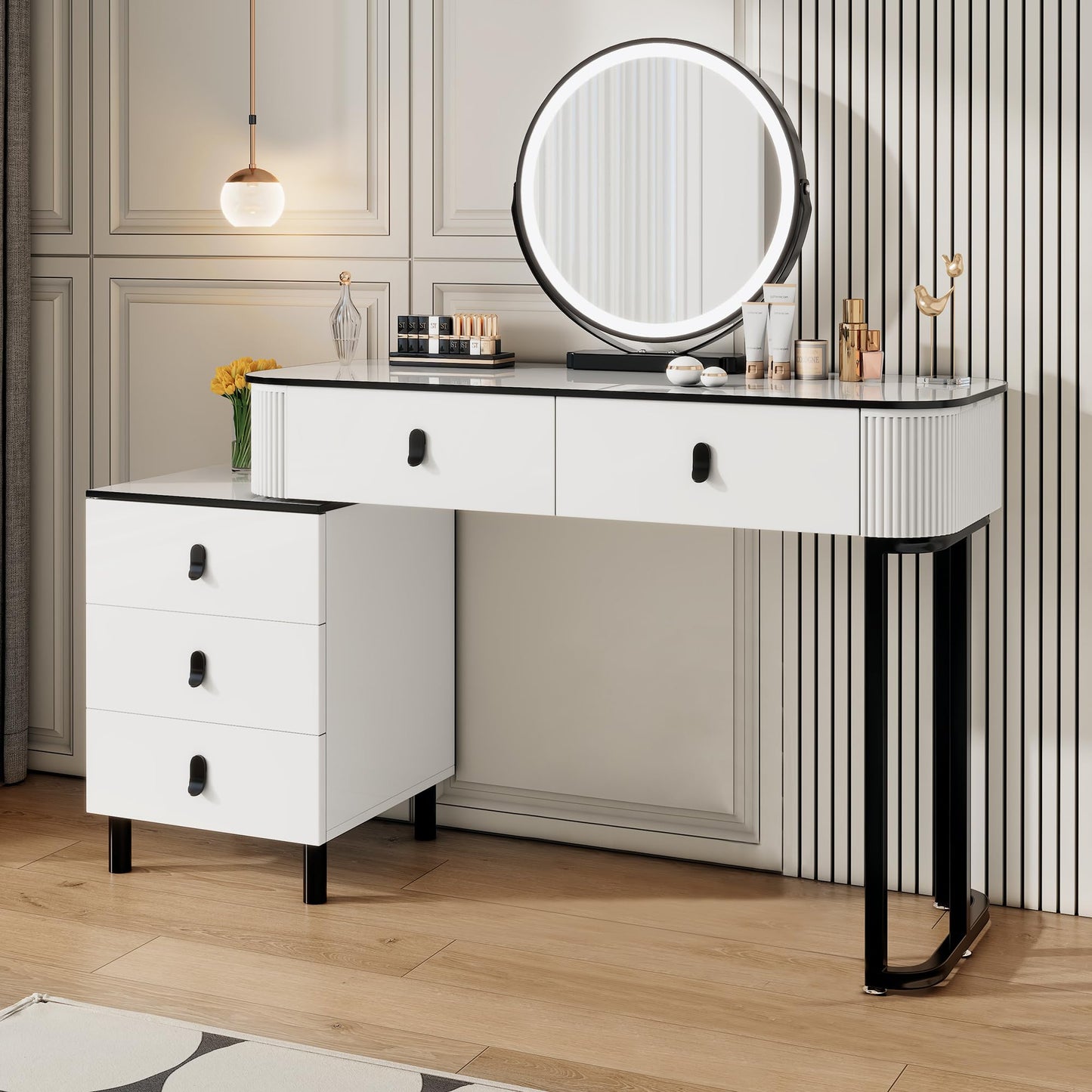 KDCAS Modern Vanity Desk with Mirror and Led Lights, Small Retractable Makeup Combo with Adjustable Cabinet, Dressing Table Set with 5 Drawers Storage for Bedroom, White