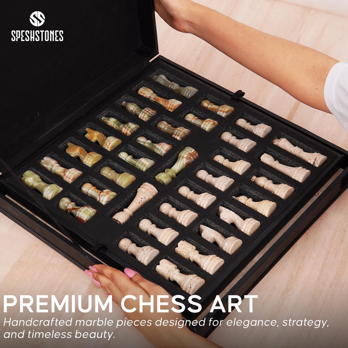 SPESHSTONES Marble Chess Set for Adults 15 Inch Handmade Travertine & Green Chess Board Games with Storage Box, Travel Chess Game with Chess Pieces & 2 Extra Queens, Gifts & Home Décor