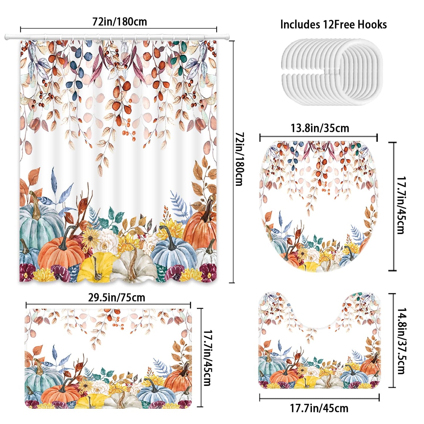 APROPHIC Fall Pumpkin Shower Curtain 4PCS, Thanksgiving Eucalyptus Leaves Pumpkin Shower Curtain Set,Farmhouse Boho Bath Decor with Non-Slip Rugs Toilet Lid Cover and Bath Mat