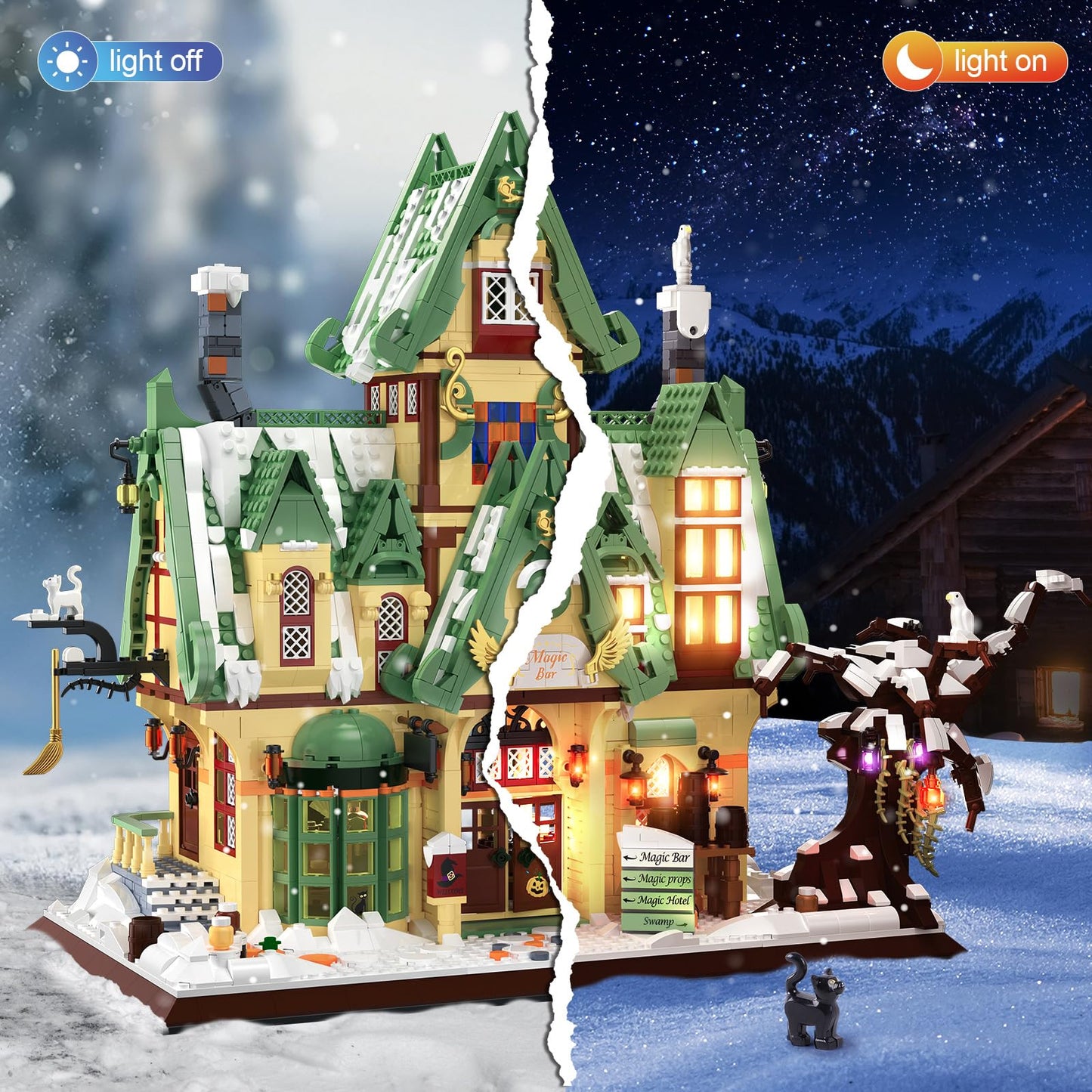 HOGOKIDS Magic Bar House Building Set with LED Light - Halloween House Architecture 3.6mm Mini Building Block Home Office Decor, Magical Birthday Gift for Adults Kids Age 10+ Boy & Girl (2479 PCS)