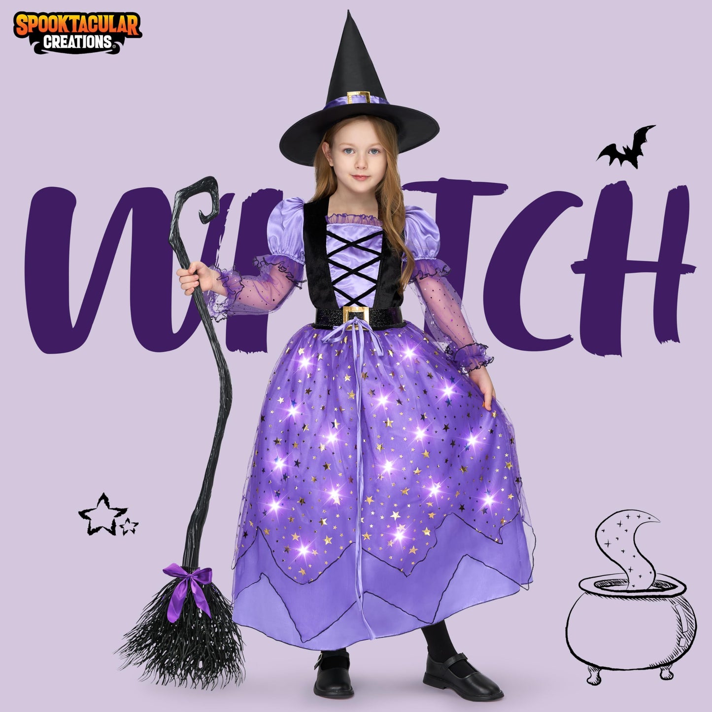 Spooktacular Creations Girls Witch Costume, Light up Witch Costume Kids, Starry Dress with Broom Belt Hat for Child Halloween Role Play Parties, S
