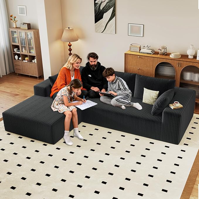 96" Cloud Sectional Couch with L-Shape Chaise, Modern Corduroy Boneless Couch for Living Room,Memory Foam Sofa with Deep Seat,No Assembly Required (Black,Left-Facing Chaise)