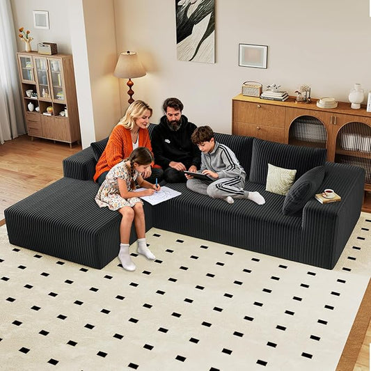 96" Cloud Sectional Couch with L-Shape Chaise, Modern Corduroy Boneless Couch for Living Room,Memory Foam Sofa with Deep Seat,No Assembly Required (Black,Left-Facing Chaise)