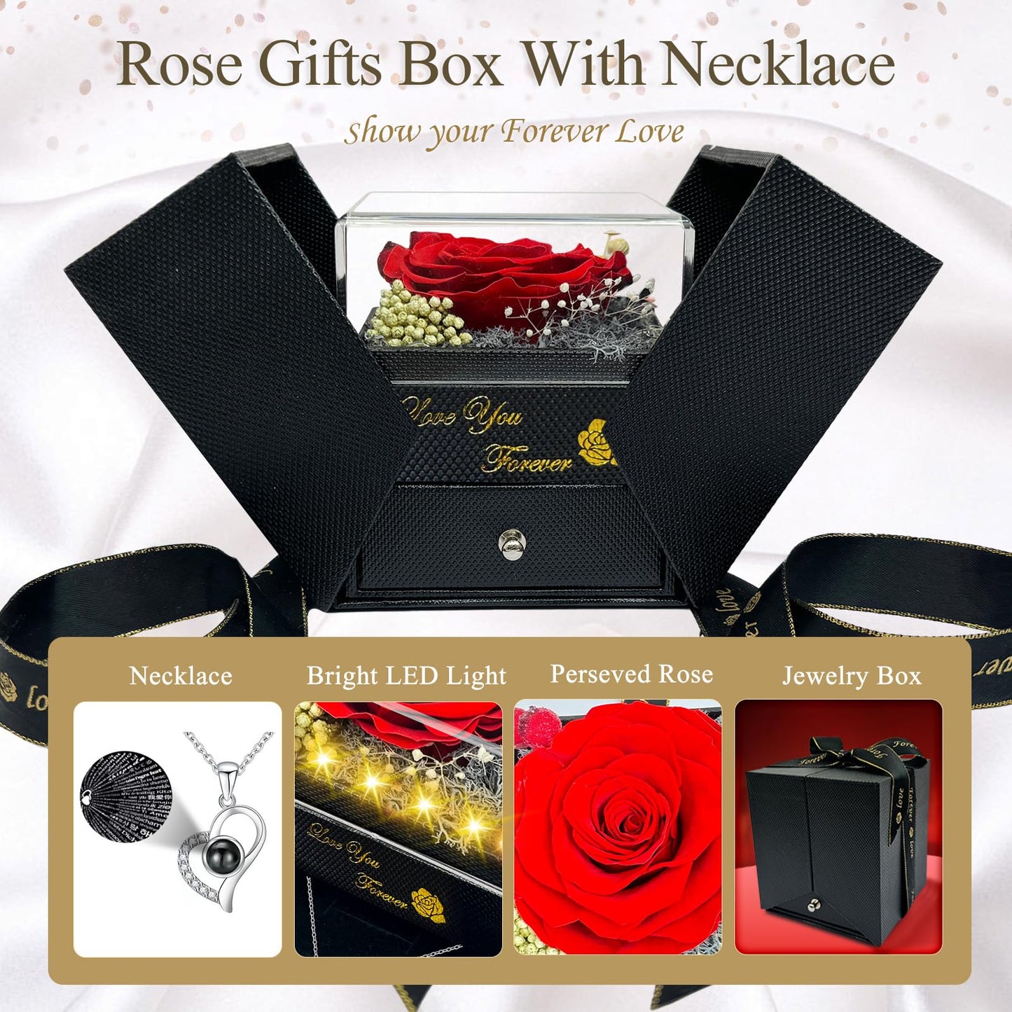 Megapuxin Preserved Real Rose-Eternal Flowers Rose Mothers Day for Mom Women Her Wife Girlfriend on Birthday Valentines with I Love You Necklace 100 Languages Romantic Gift