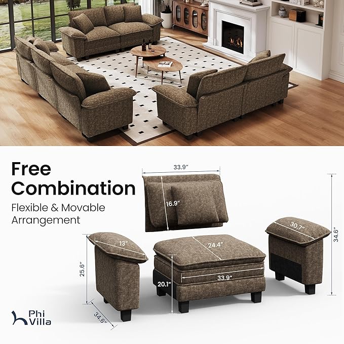 PHI VILLA Cloud Modular Couches Sets, 3 Pieces Large Sectional Sofa Set with Loveseats, 7-Seater Upholstered Couch for Living Room, Chenille Fabric, Taupe