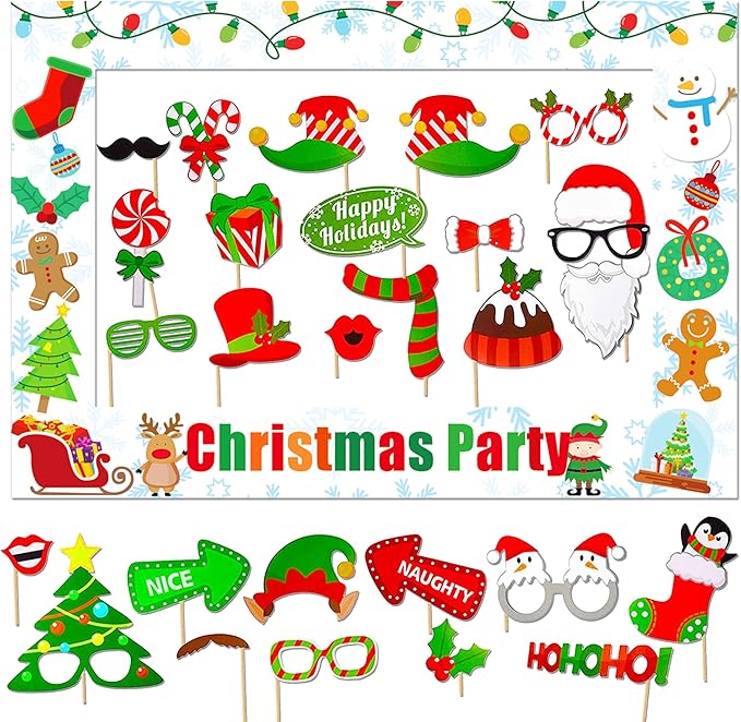 Christmas Photo Booth Props 29Pcs Christmas Elf Party Photo Booth Props Ugly Sweater Decoration Photoshoot Props Ugly Swea...