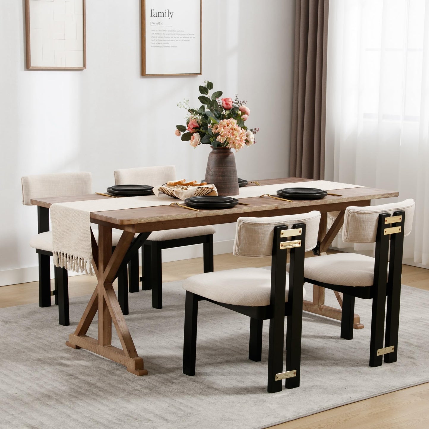 BESTANO Linen Wooden Dining Chairs Set of 2, Modern Farmhouse Dining Room Kitchen Chairs with Curved Backrest Black Wood Legs, Armless Dining Chairs, Beige