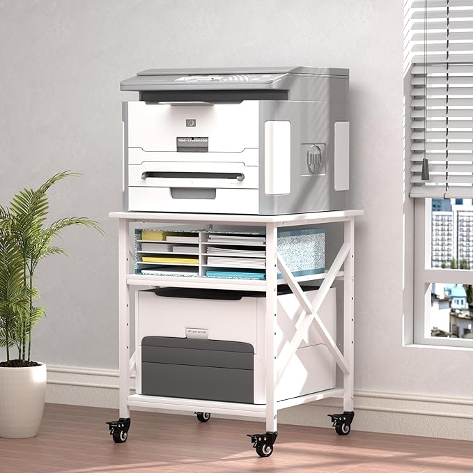 Printer Stand, 23.6 x 23.6 Inches Large Printer Stand with Adjustable Storage Shelf, 3 Tier Printer Table for Home Office, Rolling Printer Cart with Industrial Wheels, Mini Fridge Stand Table, White