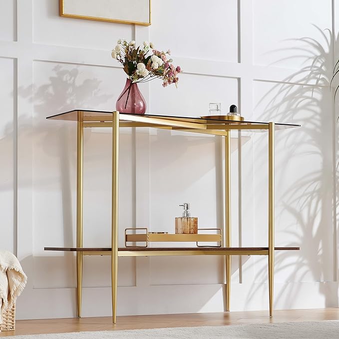 Pine Flicker Rectangle Glass Console Table, Mid-Century Modern Design, L41*W14*H32 inch, for Living Room, Amber Glass Top and Walnut Finish Wood Shelf, Conical Metal Legs with Gold Finish