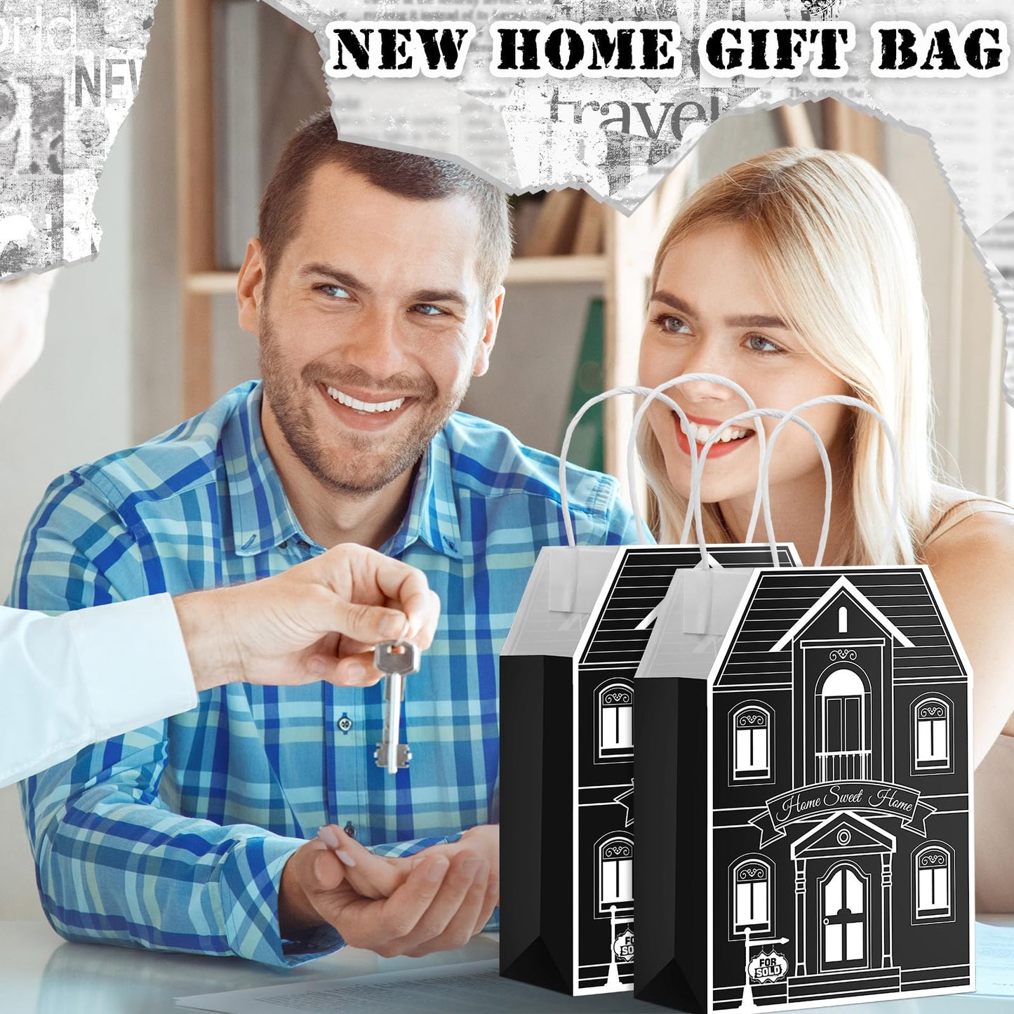 Colarr 50 Pcs House Shaped Gift Bag Real Estate Agent Supplies Real Estate Treat Bag with Handles Kraft for Home Party Gift Shopping Business New Home Buyers Agent Supplies(Black)