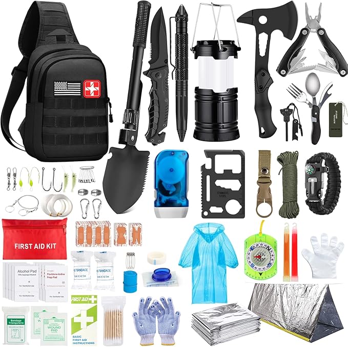 Emergency Survival Kit, 151 Pcs Survival Gear First Aid Kit, Outdoor Trauma Bag with Tactical Flashlight Knife Pliers Pen ...