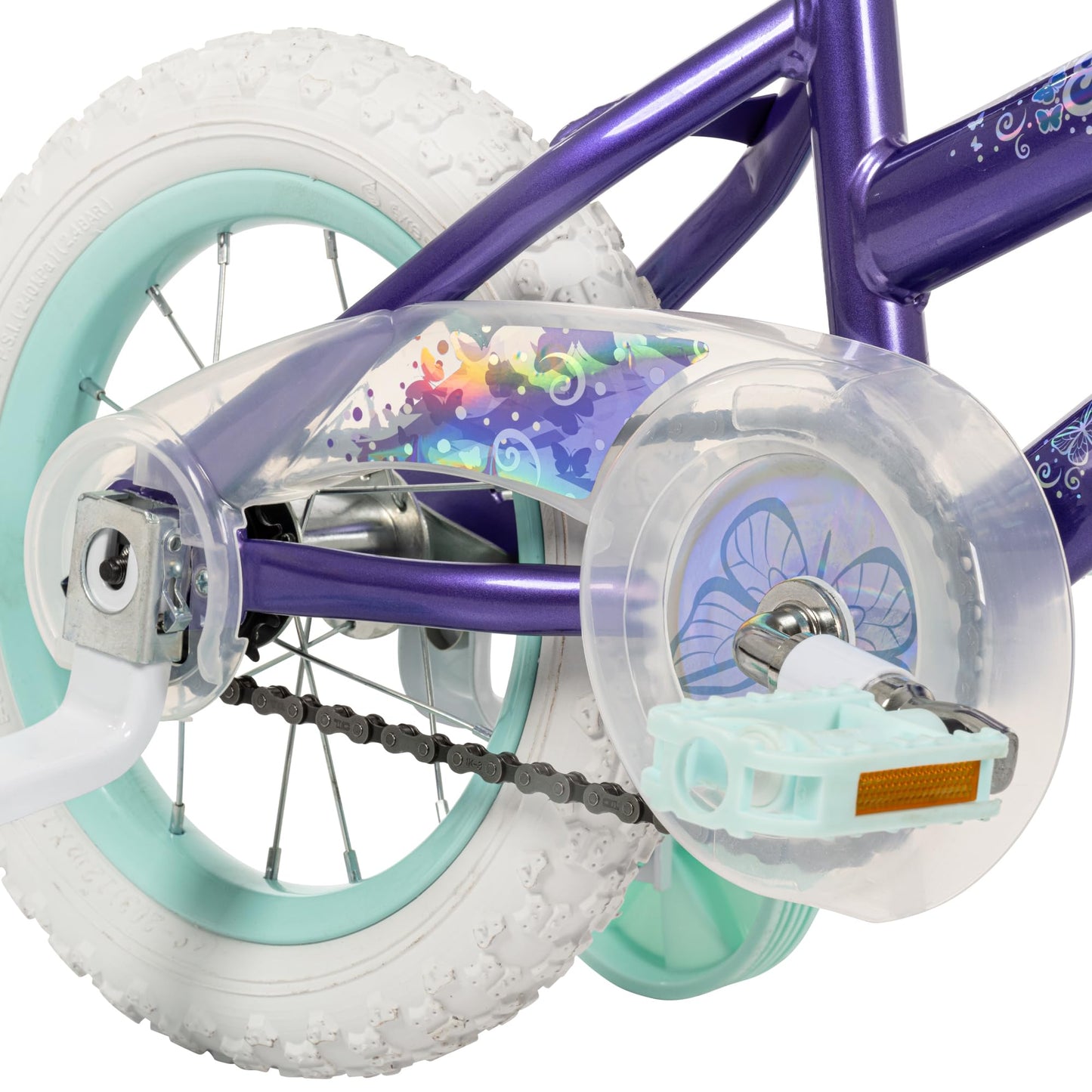 Huffy Illuminate 12” Girl’s Bike with Removable Training Wheels, Amethyst Purple Frame with Butterfly Graphics, Chain Guard, White Tires and Teal Rims
