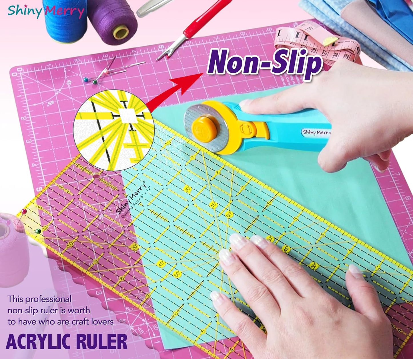 Quilting Ruler 6"x24",Non-Slip Clear Acrylic Sewing Ruler with Easy-to-Read Grid,Pink & Black Grid Design,Perfect for Fabric,Patchwork,Cutting & Sewing Crafts,Durable Tool for Quilting