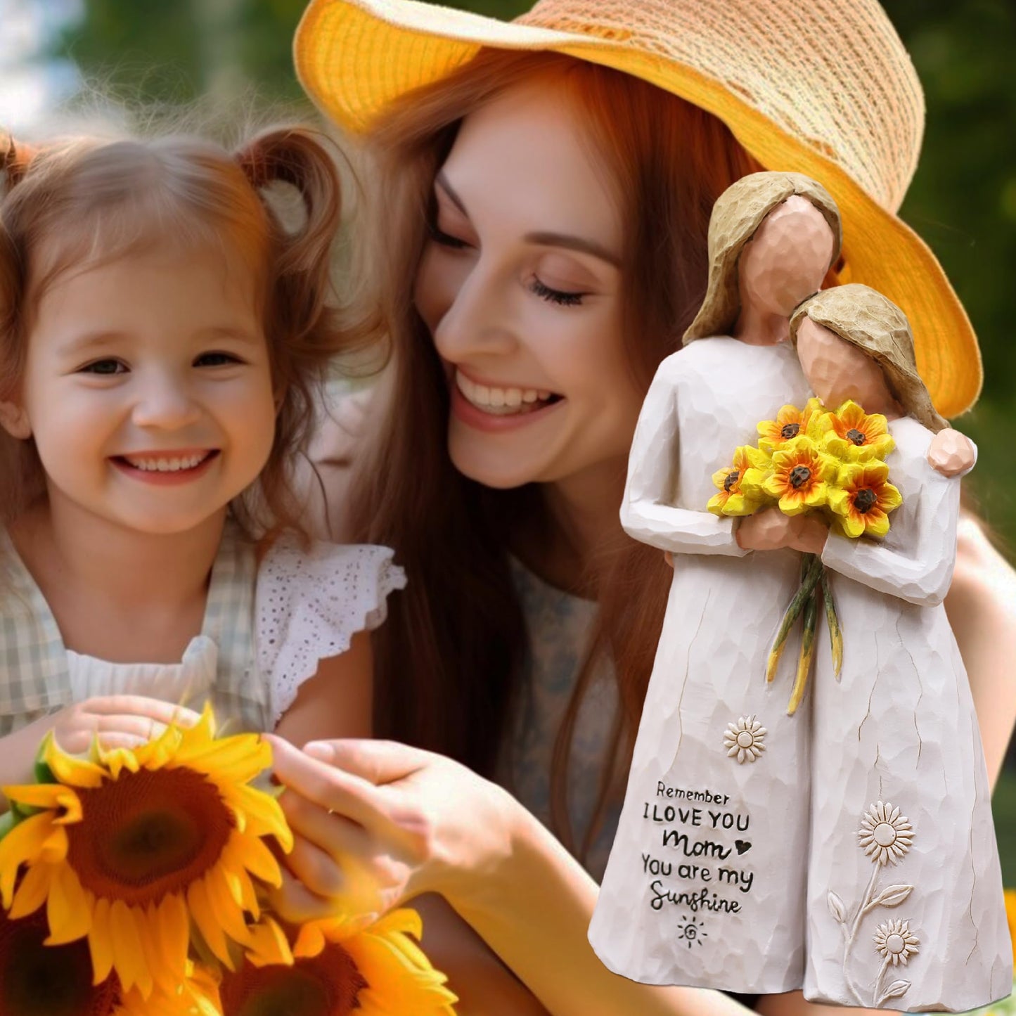 AUMELO Mom Birthday Gifts from Daughter, Gifts for Mom, Hand-Painted Mother Daughter Figurine Holding Sunflowers, 5.7" Resin Statue for Mothers Day, Christmas, Mother of The Bride